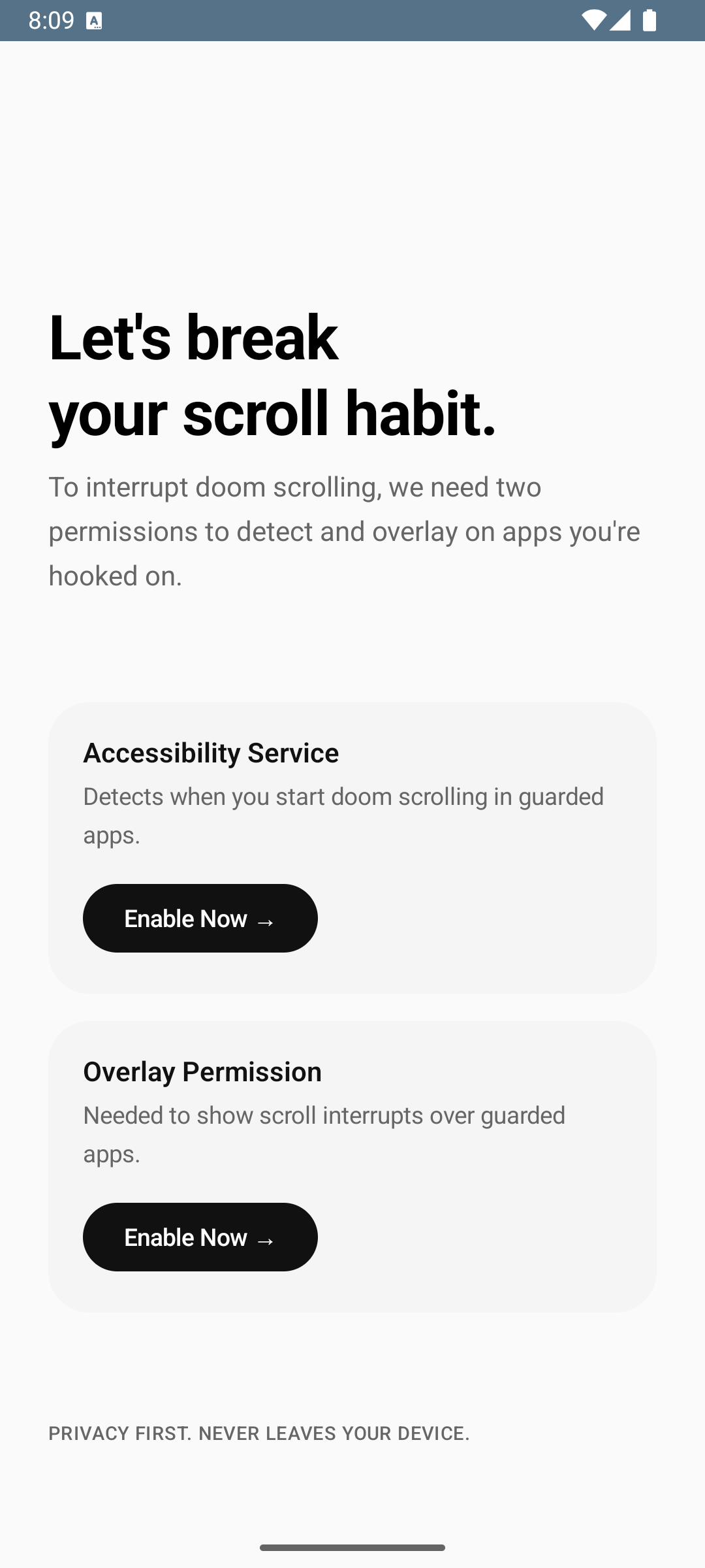 Friction onboarding screen asking for accessibility and overlay permissions