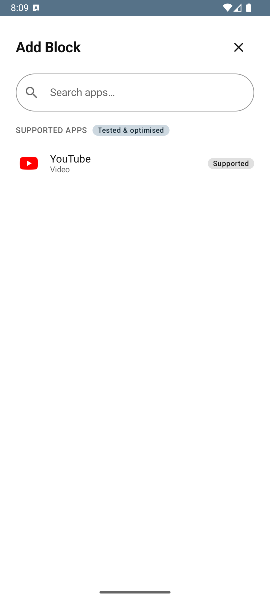 Add block screen with search and supported apps list