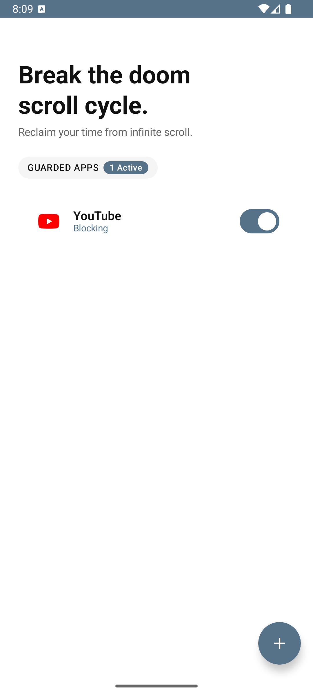 Friction home screen showing YouTube as an active blocked app