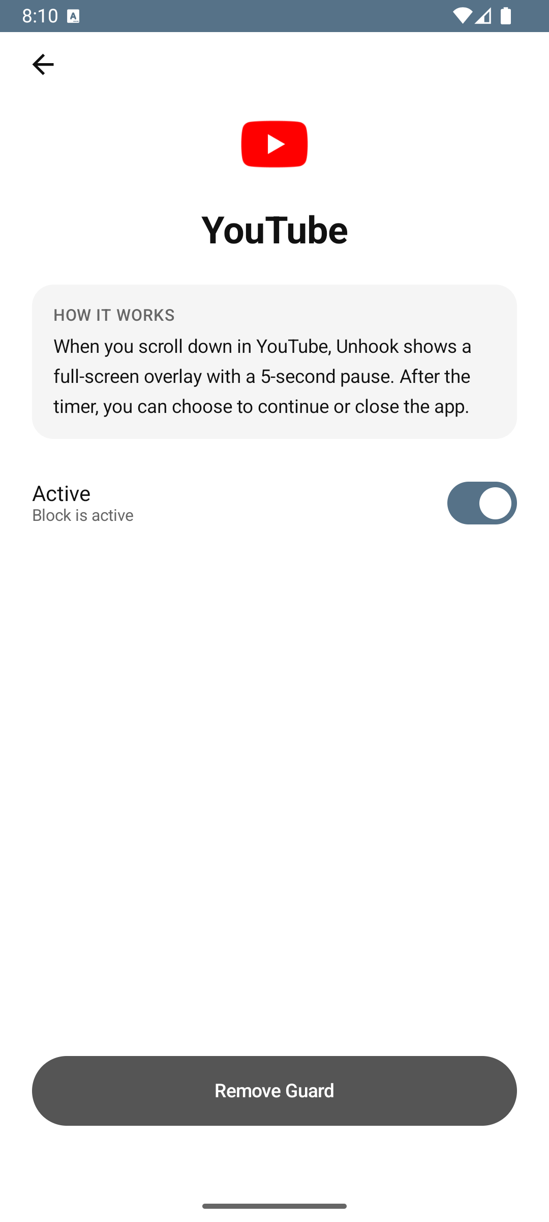Friction configure screen showing intervention mode options for YouTube
